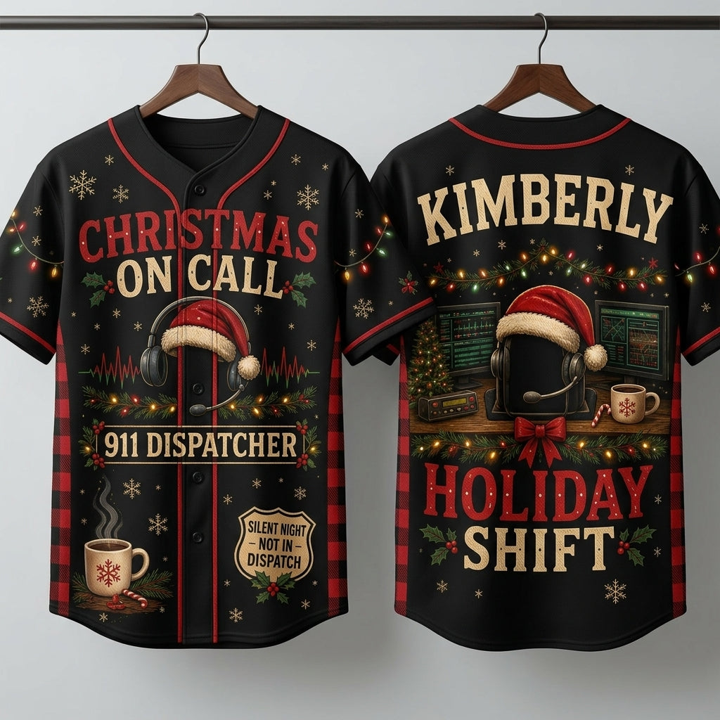Personalized 911 Dispatcher Christmas On Call Baseball Jersey - Custom Name Holiday Shift Gift