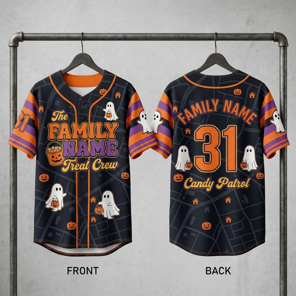 Personalized Halloween Baseball Jersey - Custom Family Name Treat Crew Ghost & Pumpkin Candy Patrol Jersey