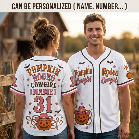 Personalized Pumpkin Rodeo Cowgirl Halloween Baseball Jersey - Custom Name & Number Western Shirt