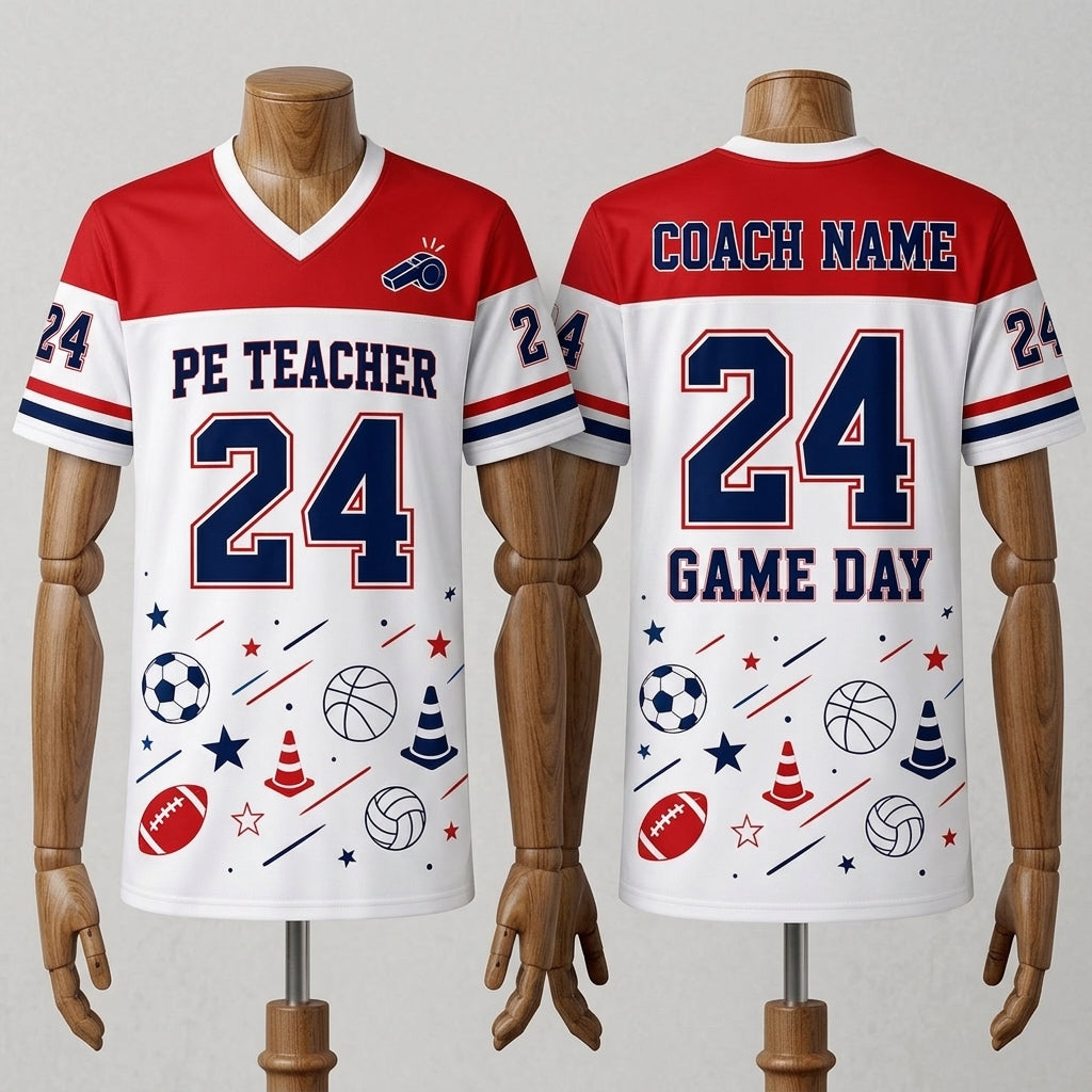 Personalized PE Teacher Mesh Football Jersey - Custom Name and Number Coach Game Day Shirt