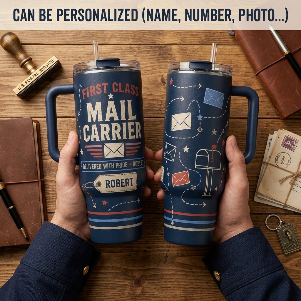 Personalized First Class Mail Carrier 40oz Tumbler with Handle - Custom Name Postal Worker Gift