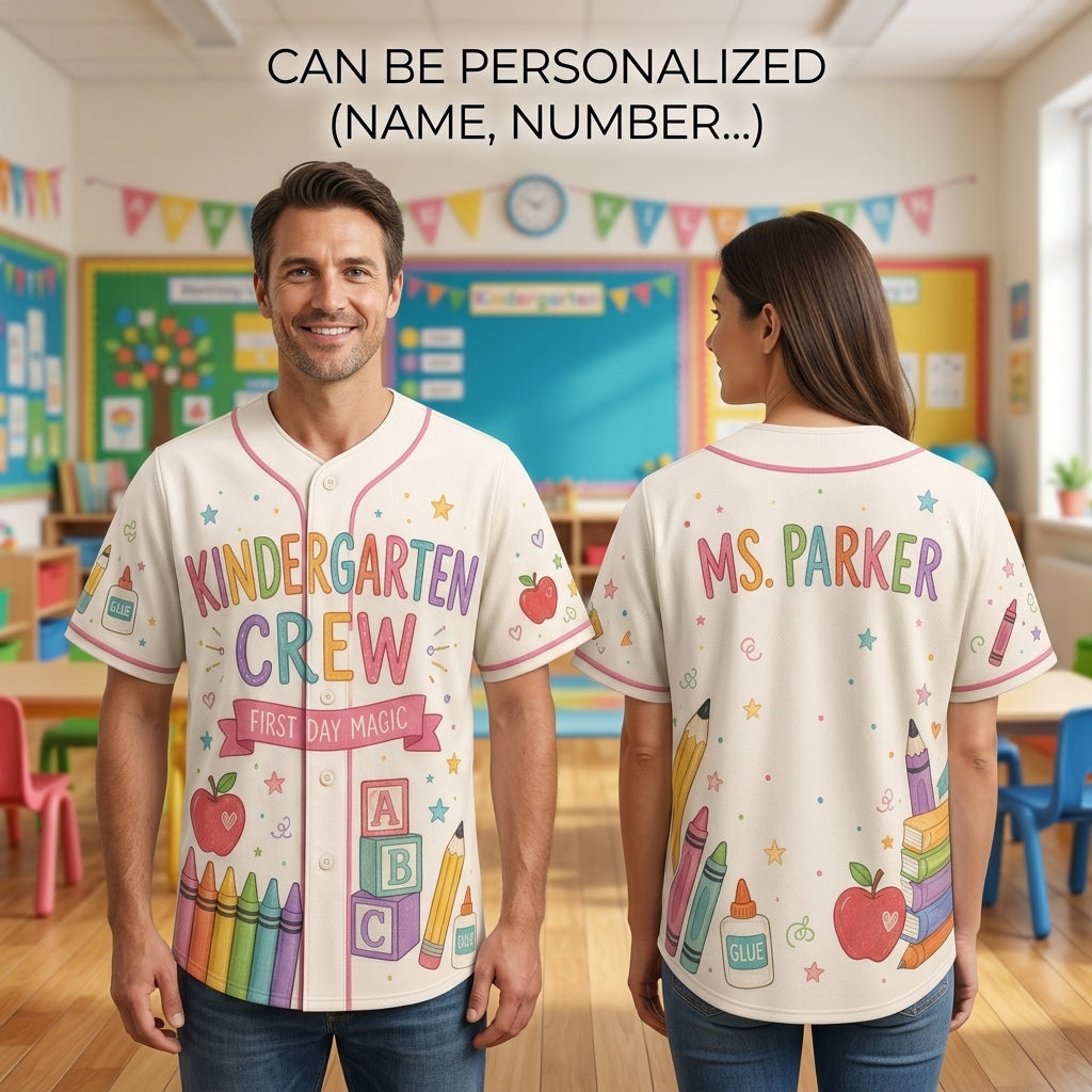 Personalized Kindergarten Crew Teacher Baseball Jersey - Custom Name Back to School Sporty Shirt