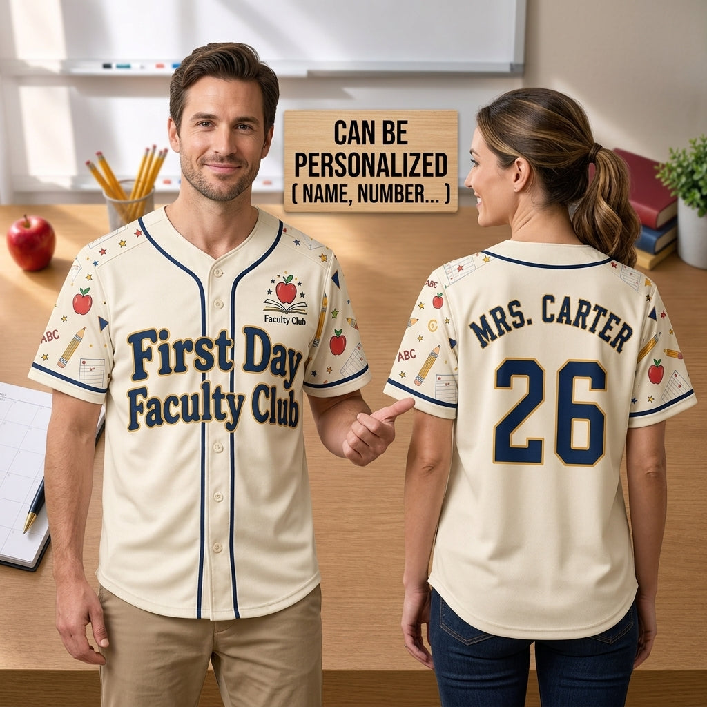 Personalized First Day Faculty Club Teacher Baseball Jersey - Custom Name and Number Teacher Gift