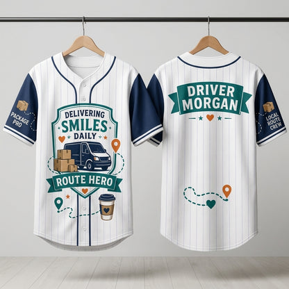 Personalized Delivering Smiles Daily Route Hero Baseball Jersey - Custom Delivery Driver Name Uniform
