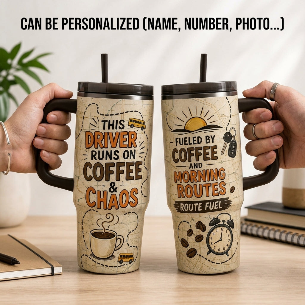 Bus Driver 40oz Tumbler with Handle - Fueled by Coffee and Chaos Commuter Gift