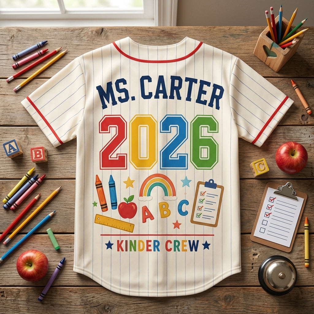 Personalized First Day of Kindergarten Teacher Baseball Jersey - Custom Name & Year Kinder Crew Shirt
