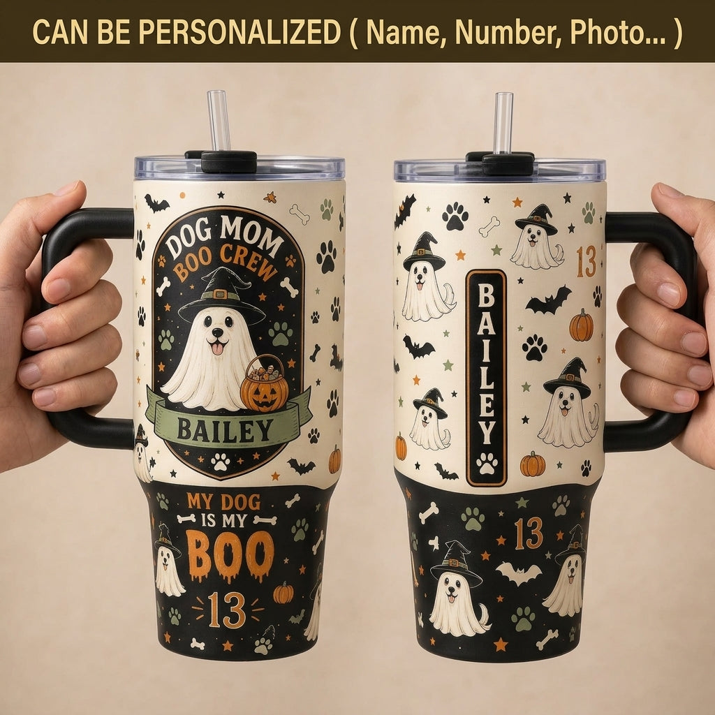 Personalized Dog Mom Boo Crew Halloween 40oz Tumbler with Handle - Custom Ghost Dog Name Travel Mug