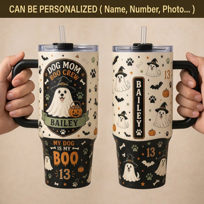Personalized Dog Mom Boo Crew Halloween 40oz Tumbler with Handle - Custom Ghost Dog Name Travel Mug