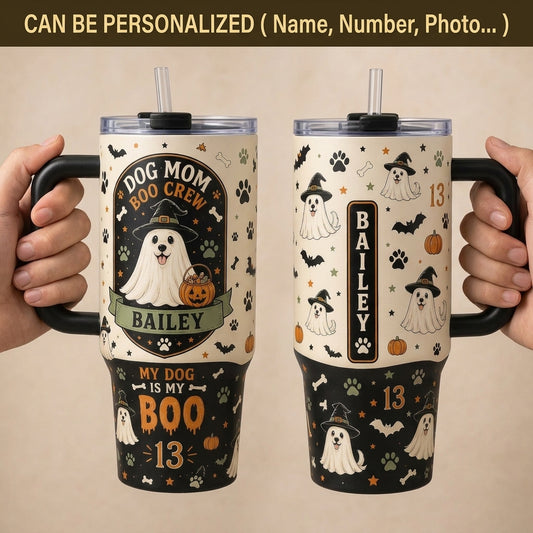 Personalized Dog Mom Boo Crew Halloween 40oz Tumbler with Handle - Custom Ghost Dog Name Travel Mug