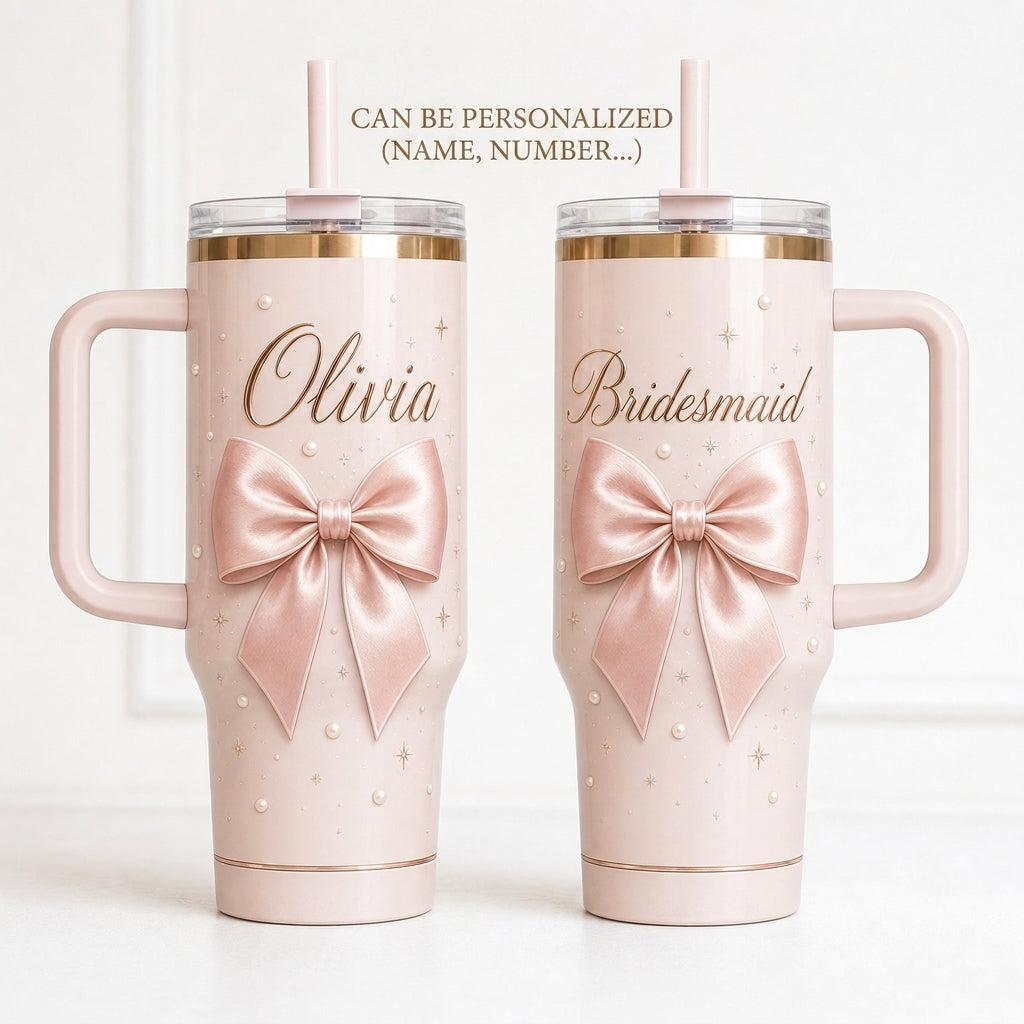 Personalized Coquette Pink Bow 40oz Tumbler with Handle - Custom Bridesmaid Name Gift