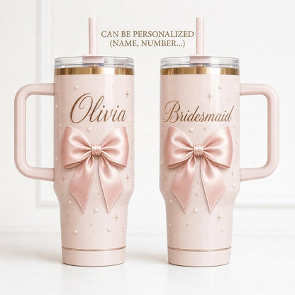 Personalized Coquette Pink Bow 40oz Tumbler with Handle - Custom Bridesmaid Name Gift