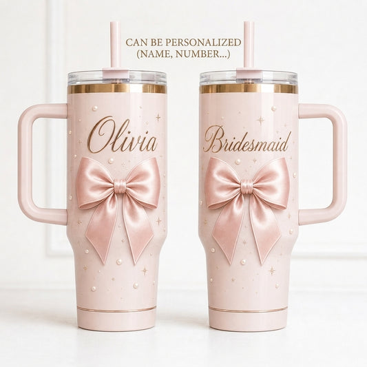 Personalized Coquette Pink Bow 40oz Tumbler with Handle - Custom Bridesmaid Name Gift