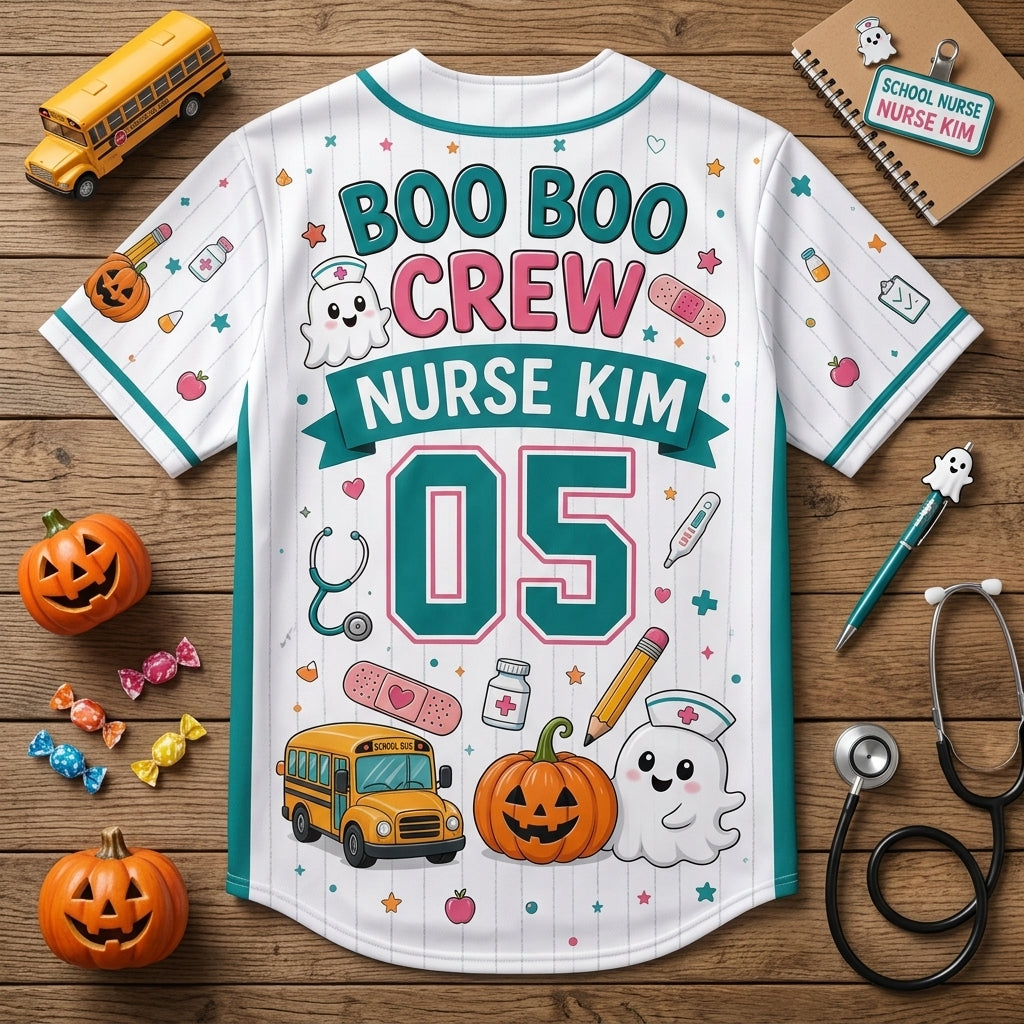 Personalized Boo Boo Crew School Nurse Baseball Jersey - Custom Name Ghost Halloween Jersey Gift