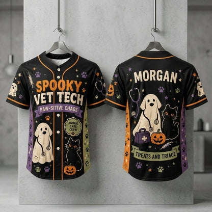 Personalized Spooky Vet Tech Halloween Baseball Jersey - Custom Name Veterinary Assistant Gift