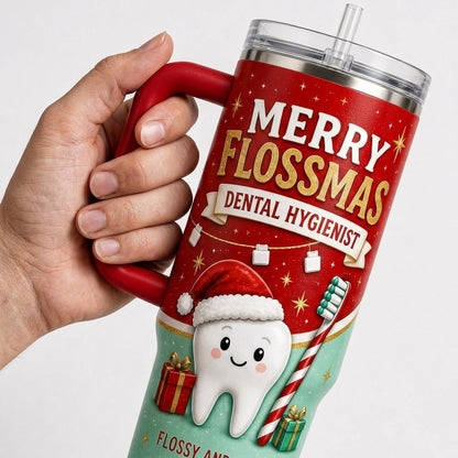 Personalized Merry Flossmas Dental Hygienist 40oz Tumbler with Handle - Custom Name Dentist Christmas Gift