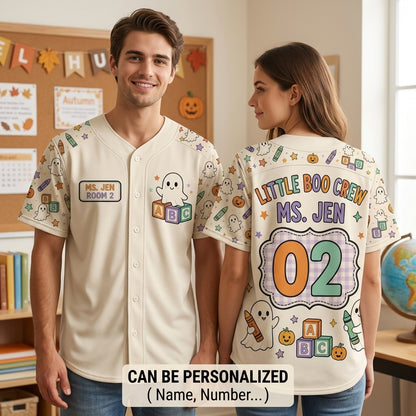 Personalized Little Boo Crew Teacher Halloween Baseball Jersey - Custom Name & Classroom Number Ghost Shirt