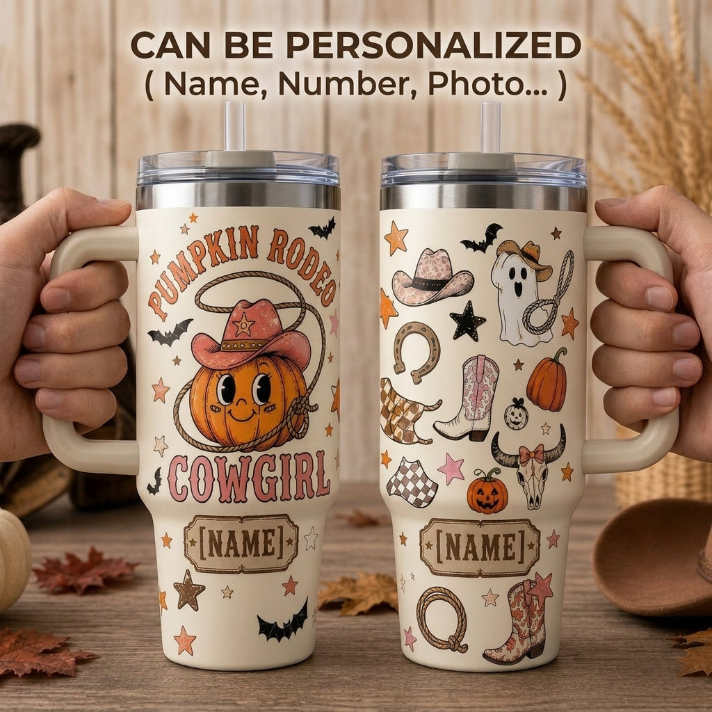Personalized Pumpkin Rodeo Cowgirl 40oz Tumbler with Handle - Custom Name Western Halloween Gift