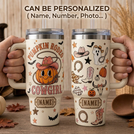 Personalized Pumpkin Rodeo Cowgirl 40oz Tumbler with Handle - Custom Name Western Halloween Gift
