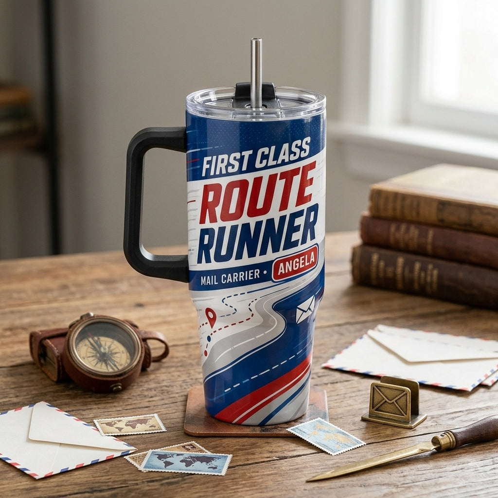 Personalized First Class Route Runner Mail Carrier 40oz Tumbler with Handle - Custom Postal Worker Gift
