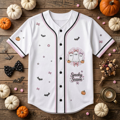 Personalized Spooky Season Ghost Baseball Jersey - Custom Name and Number Coquette Pink Halloween Jersey