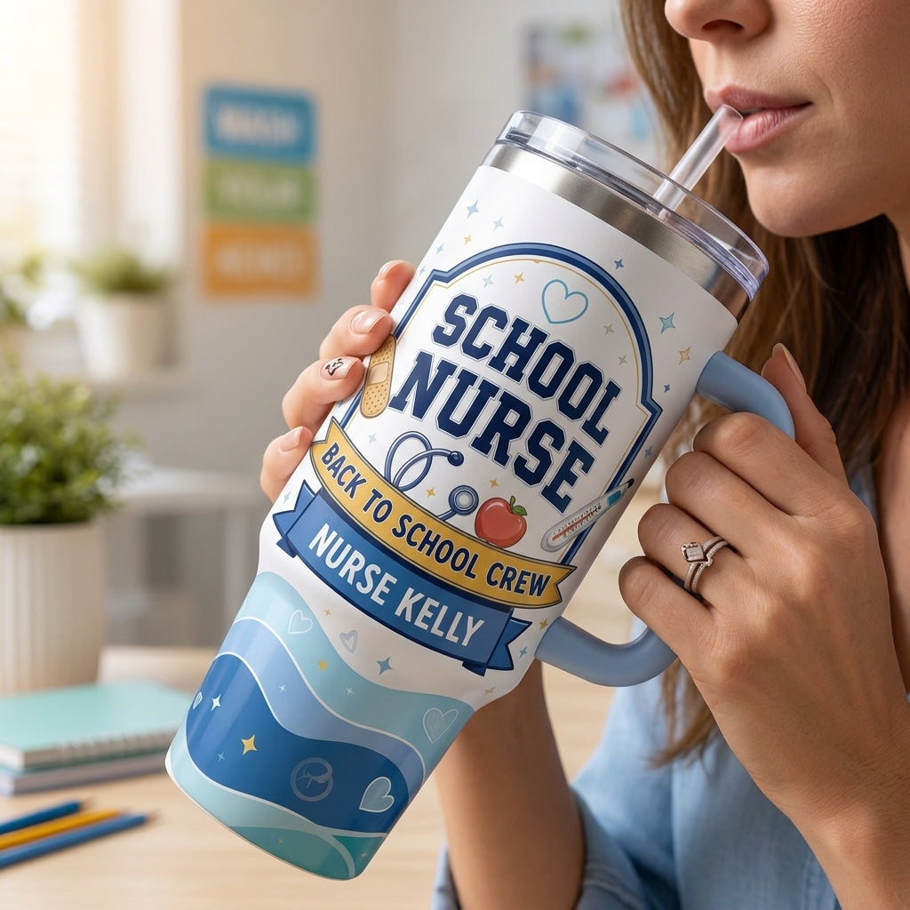 Personalized School Nurse 40oz Tumbler with Handle - Custom Name Back To School Crew Gift