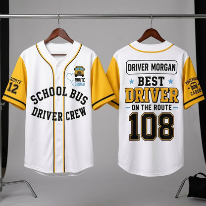 Personalized School Bus Driver Crew Baseball Jersey - Custom Name & Route Number Gift - Yellow & White Athletic Jersey
