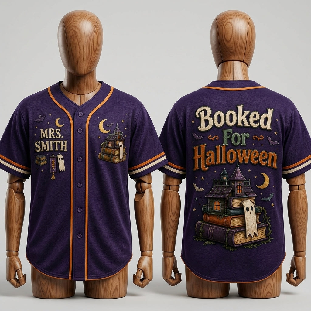 Personalized Booked For Halloween Baseball Jersey - Custom Name Spooky Bookworm Teacher Gift