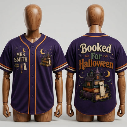 Personalized Booked For Halloween Baseball Jersey - Custom Name Spooky Bookworm Teacher Gift
