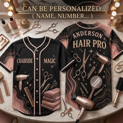 Personalized Hair Stylist Baseball Jersey - Custom Salon Name & Rose Gold Barber Tools Apparel