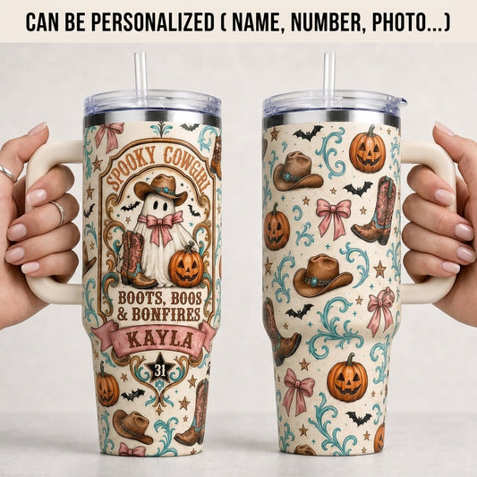 Personalized Spooky Cowgirl 40oz Tumbler with Handle, Custom Name Boots Boos & Bonfires Halloween Travel Mug