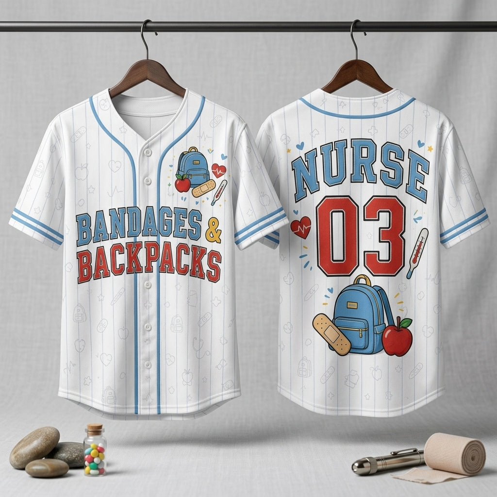 Personalized School Nurse Baseball Jersey - Custom Name & Number Bandages and Backpacks Nursing Shirt