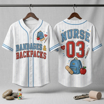 Personalized School Nurse Baseball Jersey - Custom Name & Number Bandages and Backpacks Nursing Shirt
