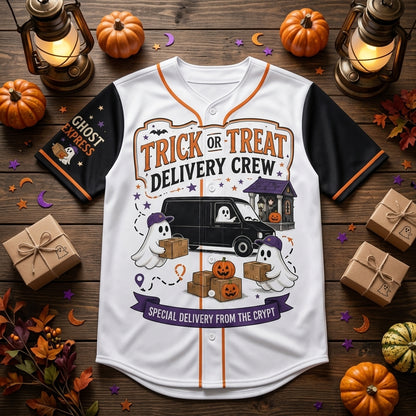 Personalized Trick or Treat Delivery Crew Halloween Baseball Jersey - Custom Name Ghost Express Spooky Shirt