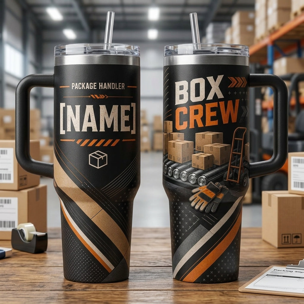 Personalized Package Handler Box Crew 40oz Tumbler with Handle - Custom Name Gift for Warehouse Workers - 40oz tumbler mockup 2