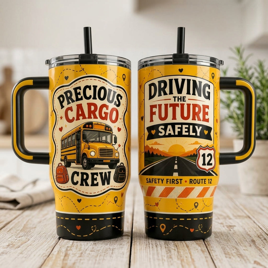 Personalized School Bus Driver Gift 40oz Tumbler with Handle - Precious Cargo Crew Design - Custom Route Number