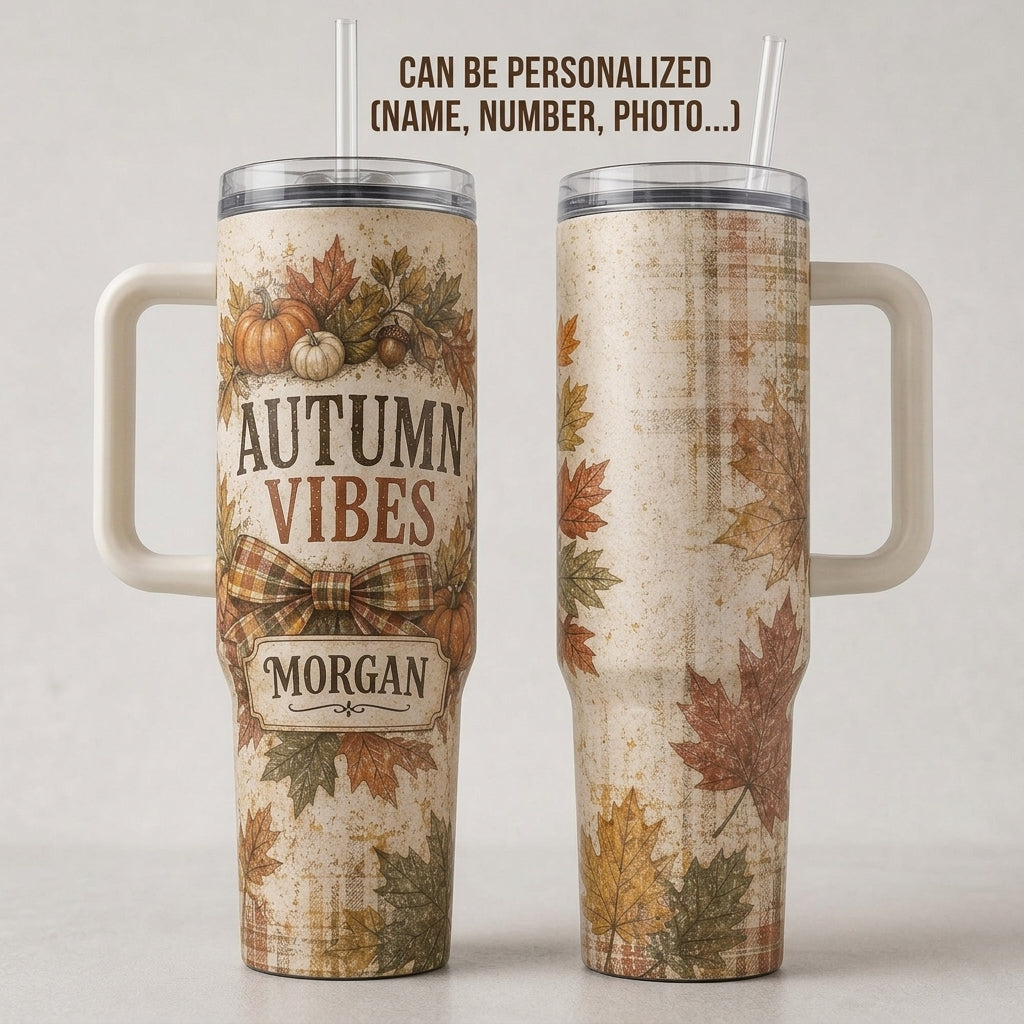 Personalized Autumn Vibes 40oz Tumbler with Handle, Custom Name Fall Leaf & Pumpkin Travel Mug