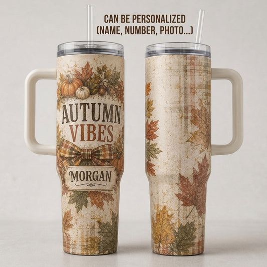 Personalized Autumn Vibes 40oz Tumbler with Handle, Custom Name Fall Leaf & Pumpkin Travel Mug