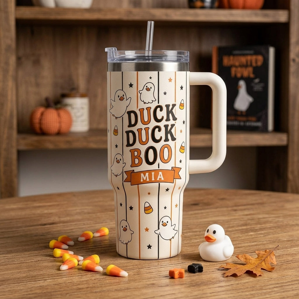 Personalized Duck Duck Boo Halloween 40oz Tumbler with Handle - Custom Name Ghost Duck Gift