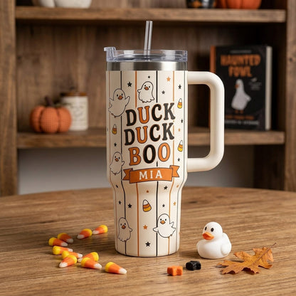 Personalized Duck Duck Boo Halloween 40oz Tumbler with Handle - Custom Name Ghost Duck Gift