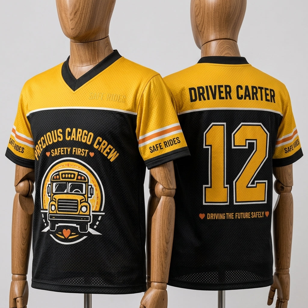 Personalized School Bus Driver Football Jersey - Custom Name & Number Precious Cargo Crew Mesh Shirt