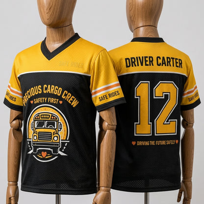 Personalized School Bus Driver Football Jersey - Custom Name & Number Precious Cargo Crew Mesh Shirt