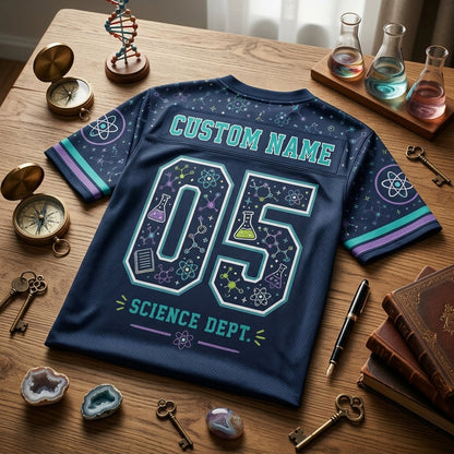 Personalized Science Teacher Football Jersey - Custom Name Science Crew Navy Hybrid Mesh Sports Shirt