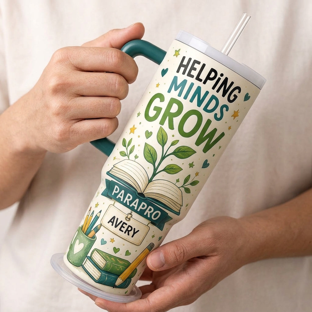 Personalized Parapro Teacher Gift 40oz Tumbler with Handle - Helping Minds Grow Custom Name Education Assistant Cup