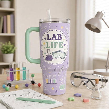 Personalized Lab Life Science Teacher 40oz Tumbler with Handle, Custom Name and Room STEM Gift