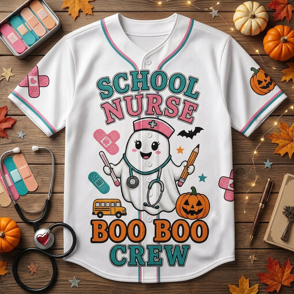 Personalized School Nurse Halloween Baseball Jersey - Custom Boo Boo Crew Ghost Medical Outfit Gift product view 4