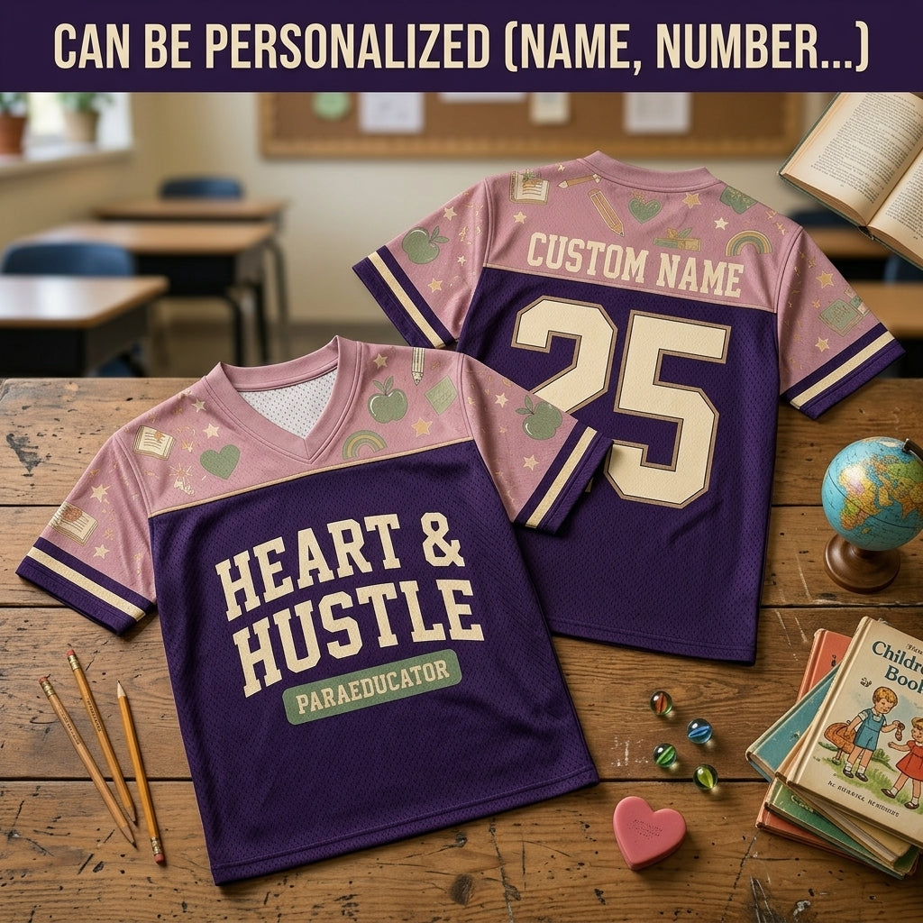 Personalized Heart & Hustle Paraeducator Football Jersey - Custom Name & Number School Spirit Mesh Shirt - football jersey product view 2
