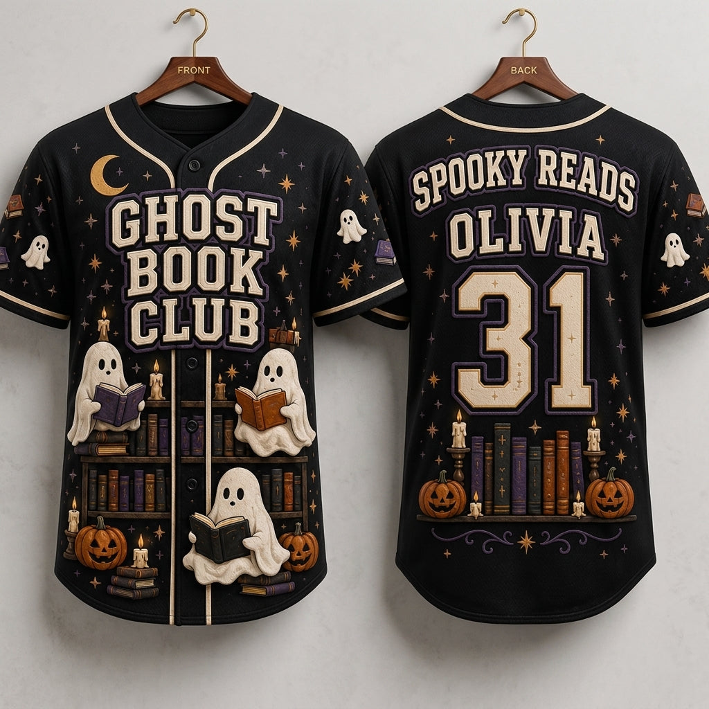 Personalized Ghost Book Club Baseball Jersey - Custom Name & Number Spooky Reads Halloween Shirt for Book Lovers