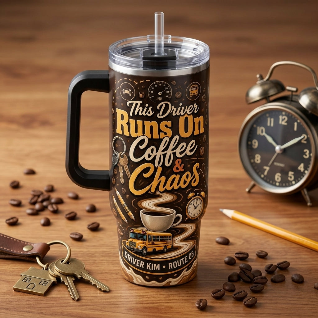 Personalized School Bus Driver 40oz Tumbler with Handle - Custom Name Coffee and Chaos Travel Mug