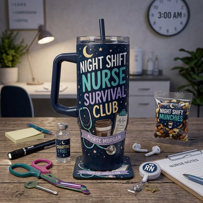 Personalized Night Shift Nurse Survival Club 40oz Tumbler with Handle - Custom Name Coffee and Charting Gift