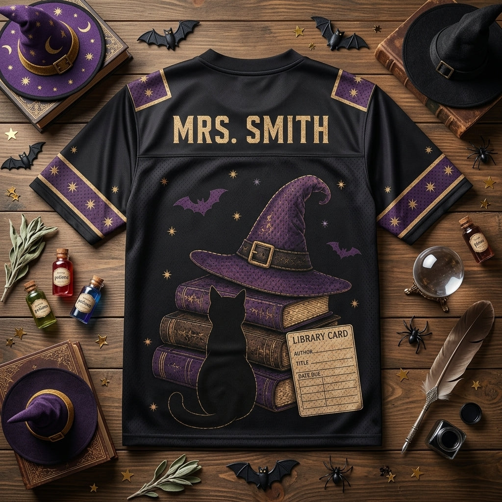 Personalized Witchy Librarian Halloween Football Jersey - Custom Name Spooky Bookworm Apparel